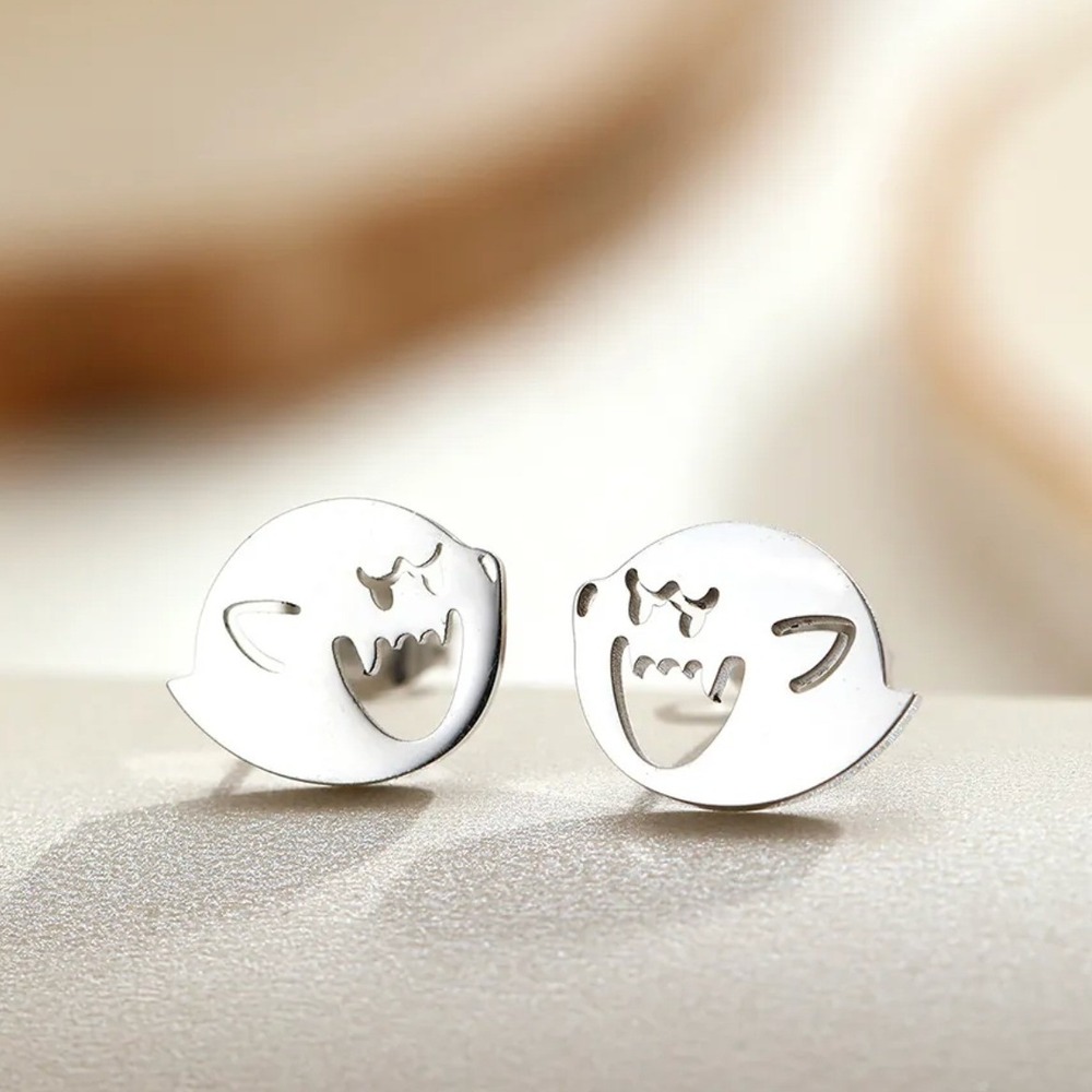 Boo Ghost Stud Earrings Stainless Steel Gamer Jewelry Video Game Accessory